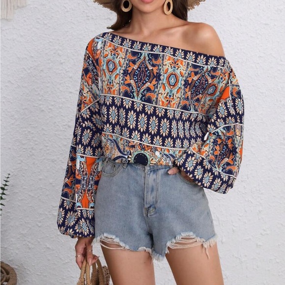 Boho floral print off shoulder lantern sleeve blouse - Picture 16 of 16